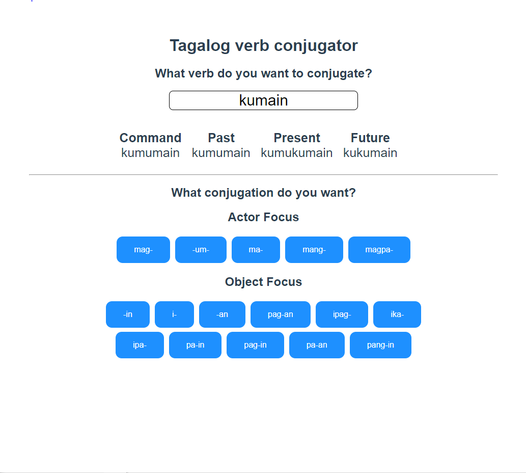 homepage showing an input bar where the user can enter a word to conjugate in Tagalog