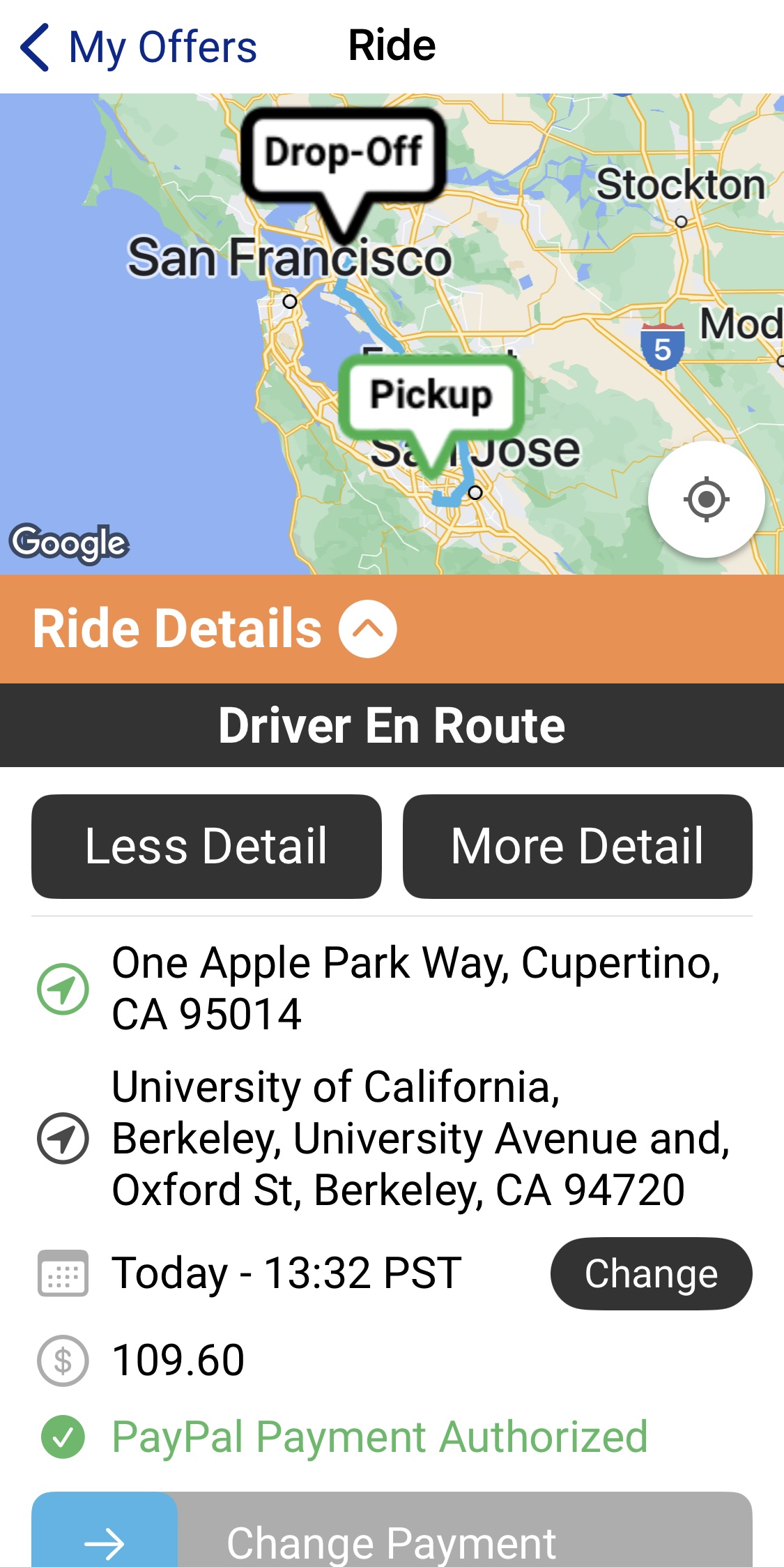 screenshot of the Rider app looking at the route going from the pickup location to the drop off location