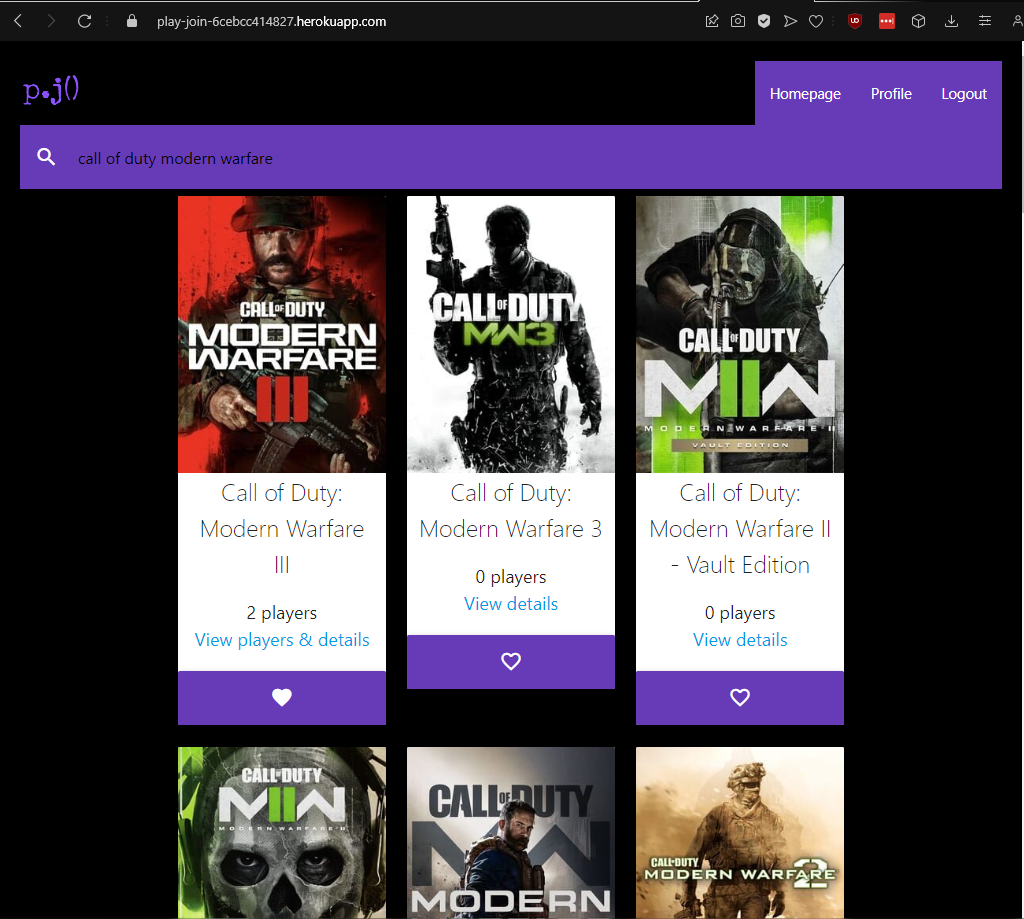 homepage for play.join showing the search bar