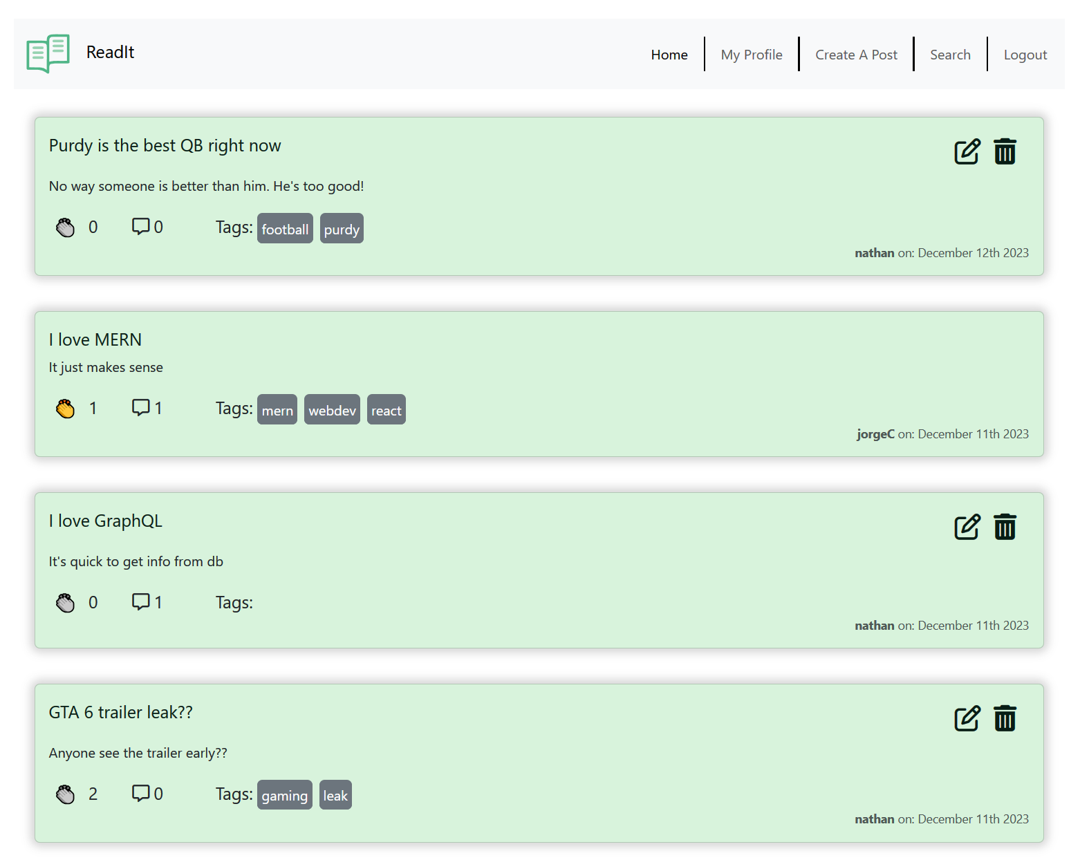 screenshot of the ReadIt homepage showing a few posts with titles, content, tags, and applauds