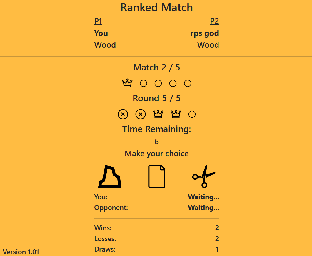 Screenshot showing the UI during a match. Shows the user's choice of rock, paper, or scissors